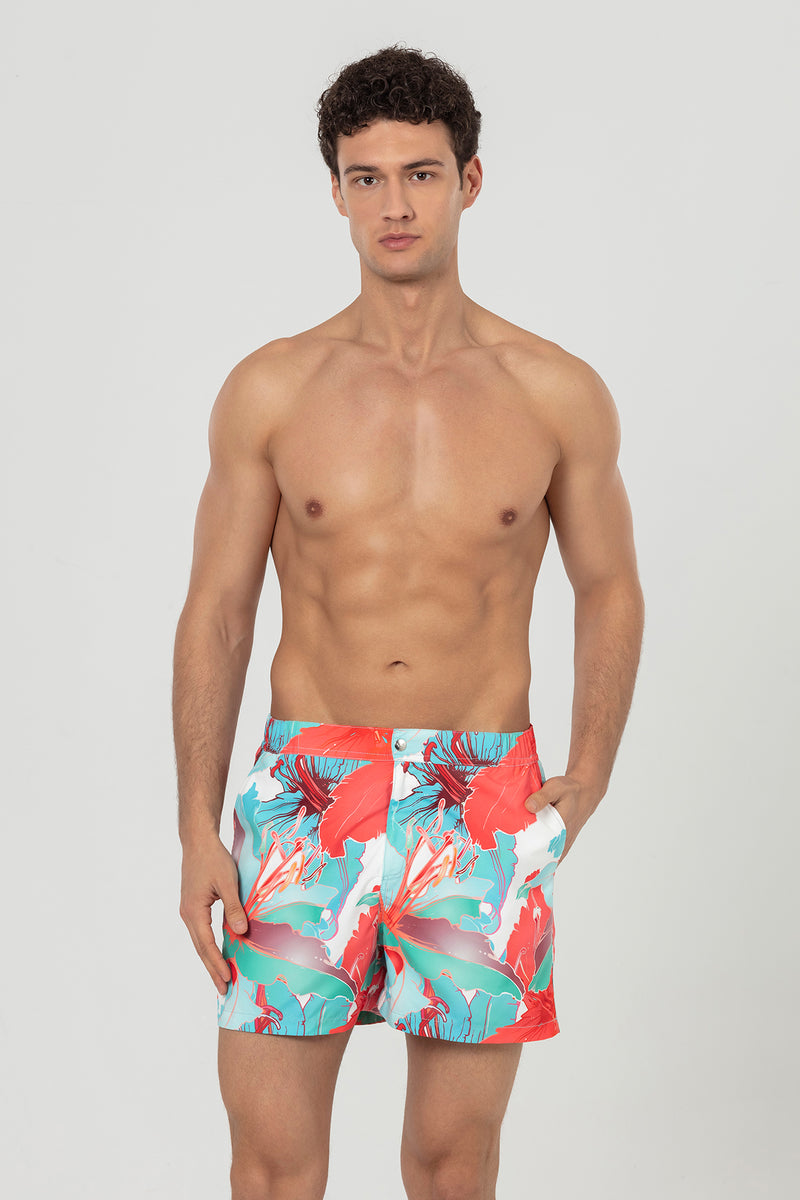 Multicolored Lily Patterned Snap Up Men's Swim Shorts