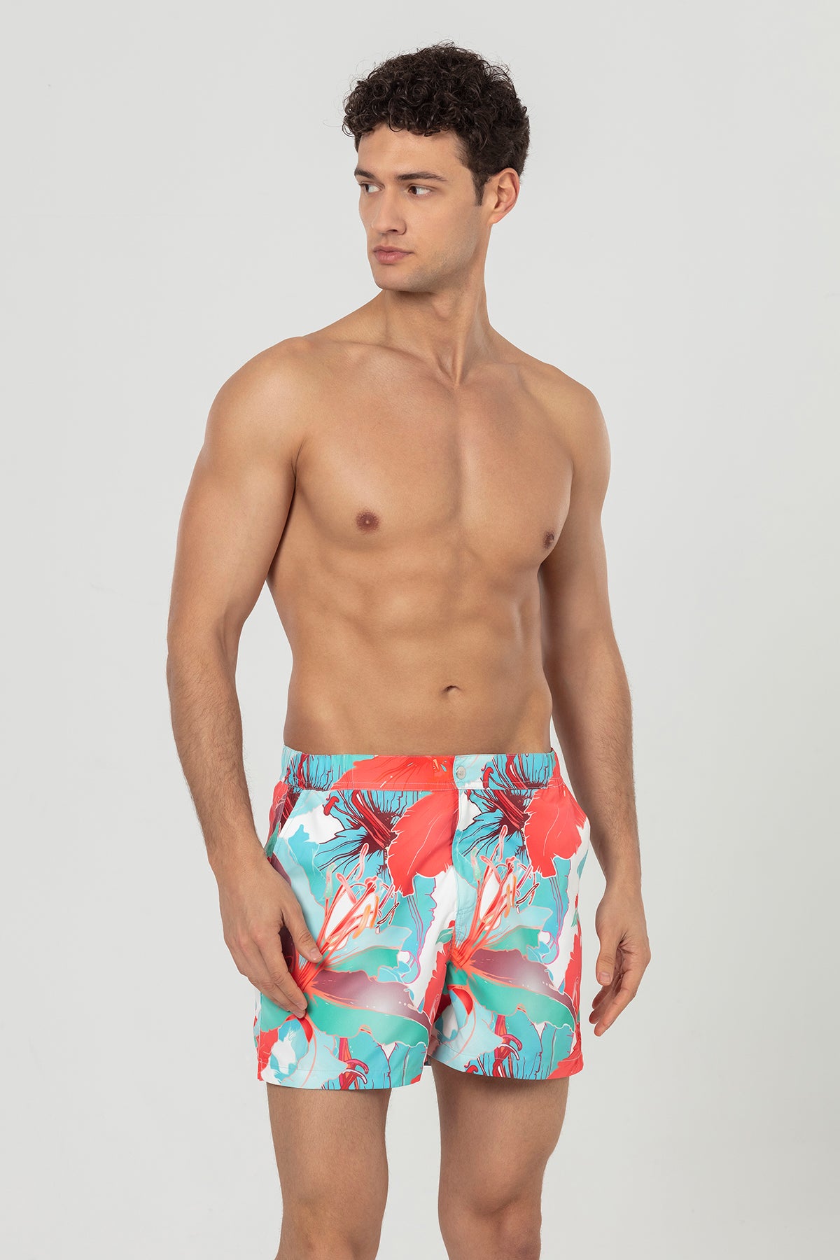 Multicolored Lily Patterned Snap Up Men's Swim Shorts