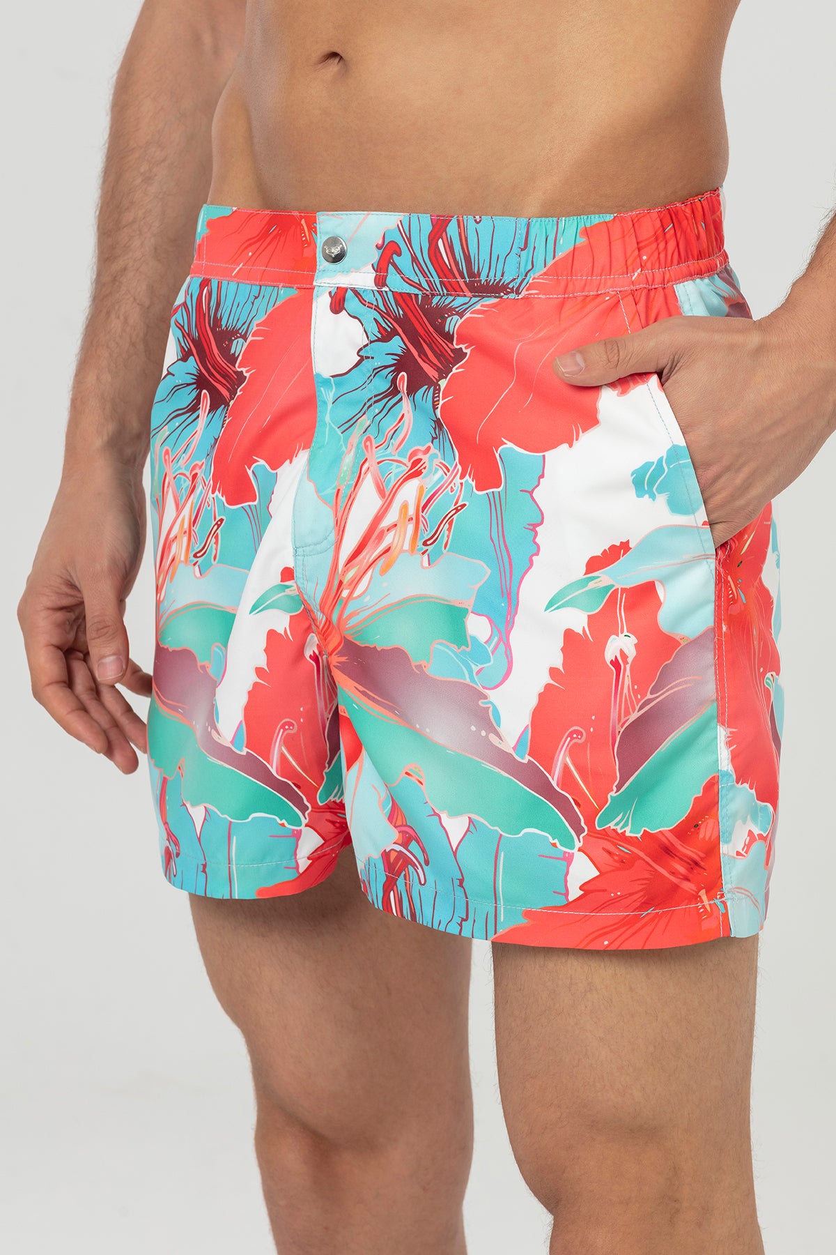 Multicolored Lily Patterned Snap Up Men's Swim Shorts