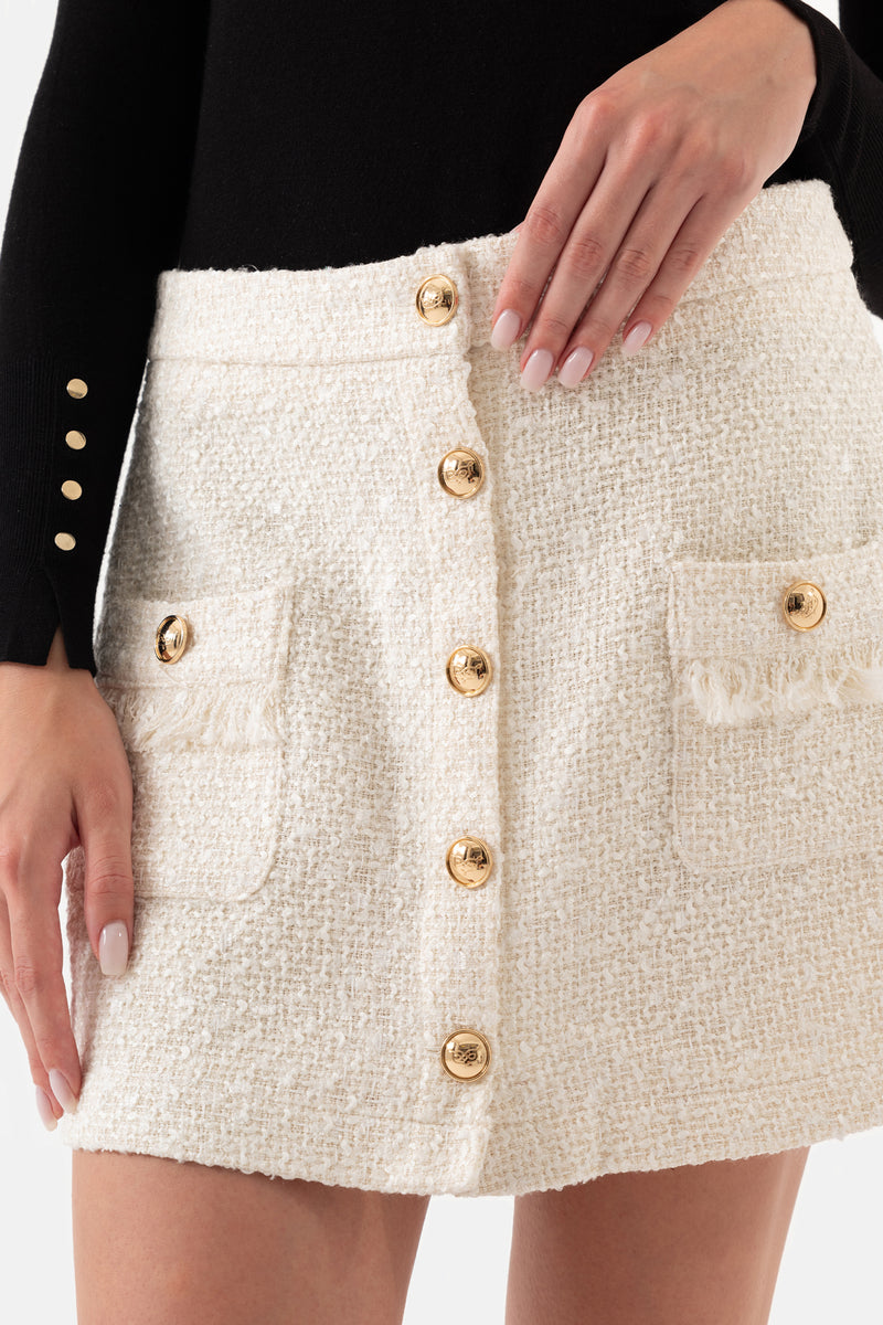 Ecru Tweed Front Buttoned Pocket Mini Skirt