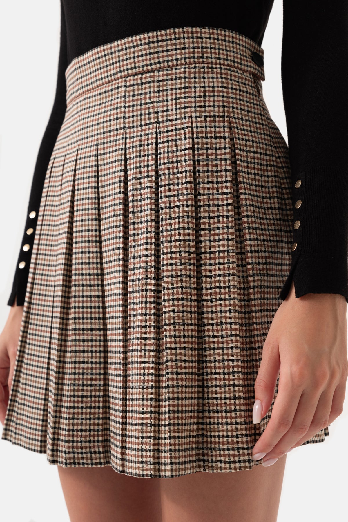 Brown Checkered Pleated Women's Skirt