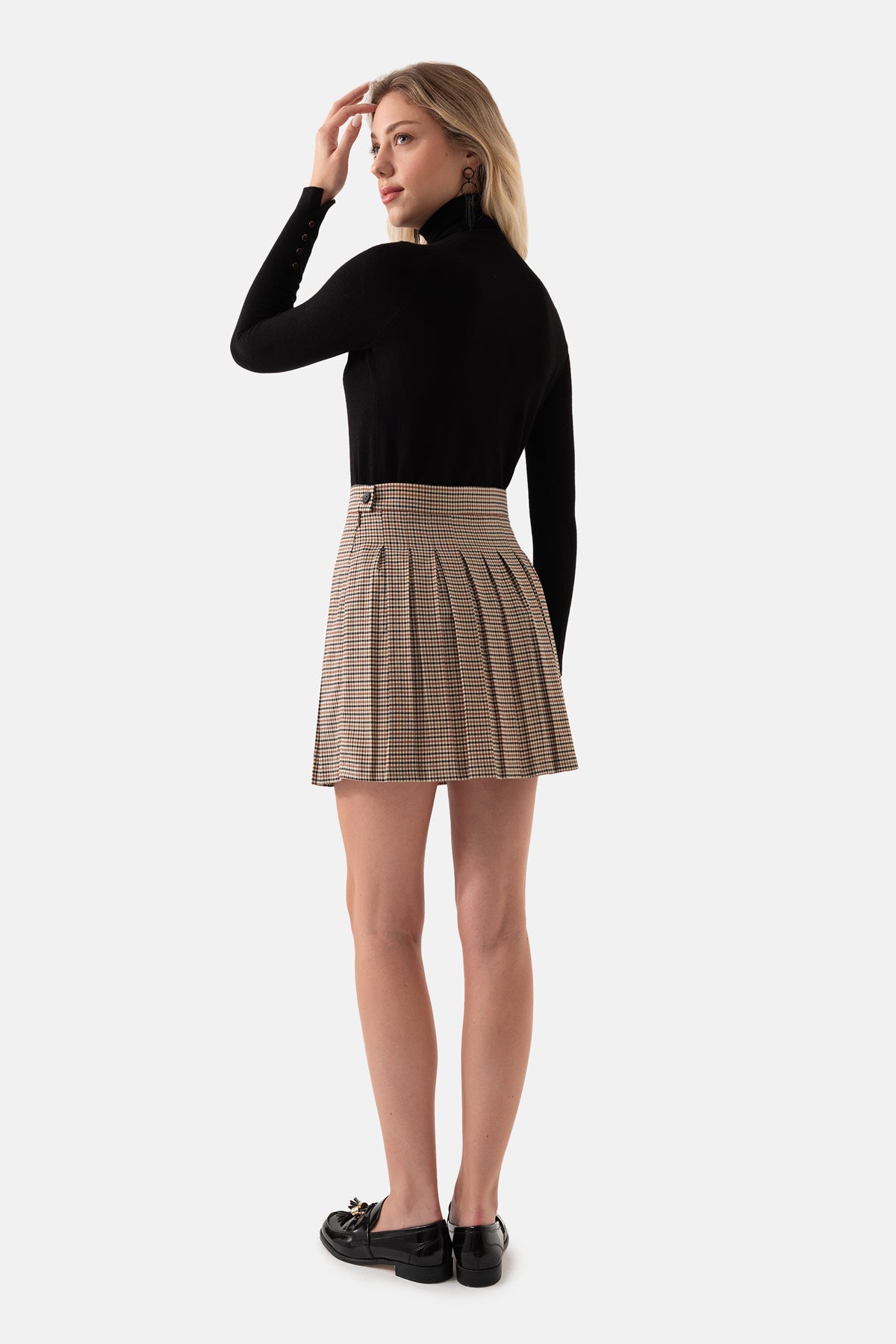 Brown Checkered Pleated Women's Skirt