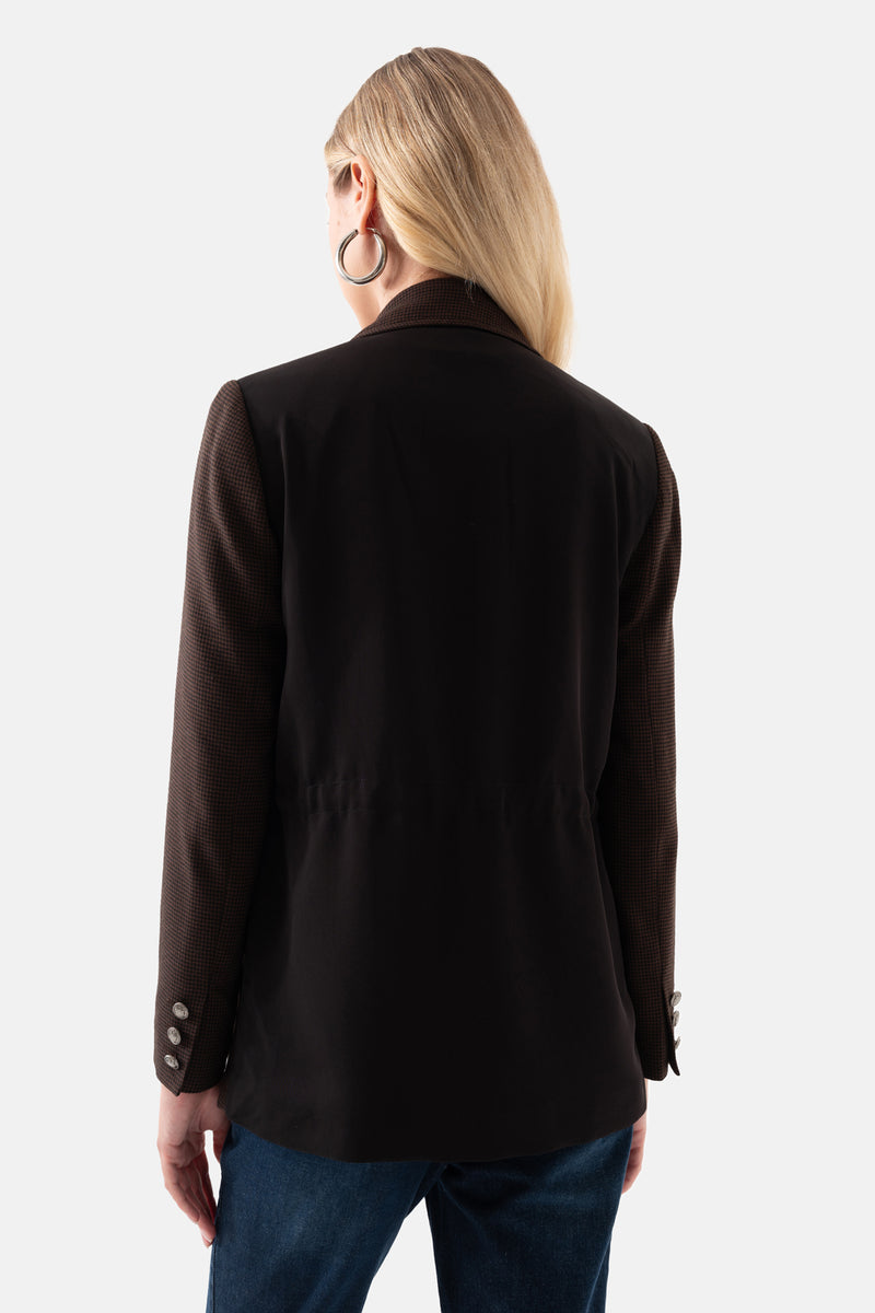 Kahverengi Kazayağı Desenli Beli Büzgülü Kadın Ceket