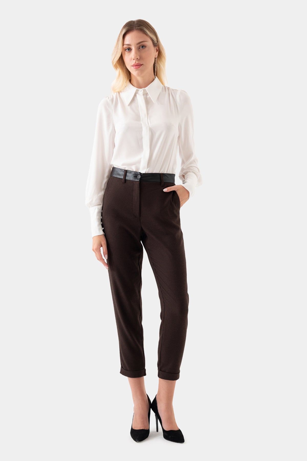 Brown Crowbar Patterned Leather Detailed Women's Trousers
