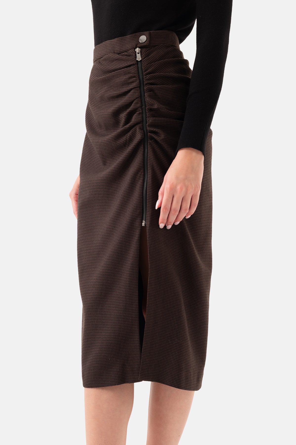 Brown Crowbar Pattern Women's Midi Skirt With Zipper On The Side