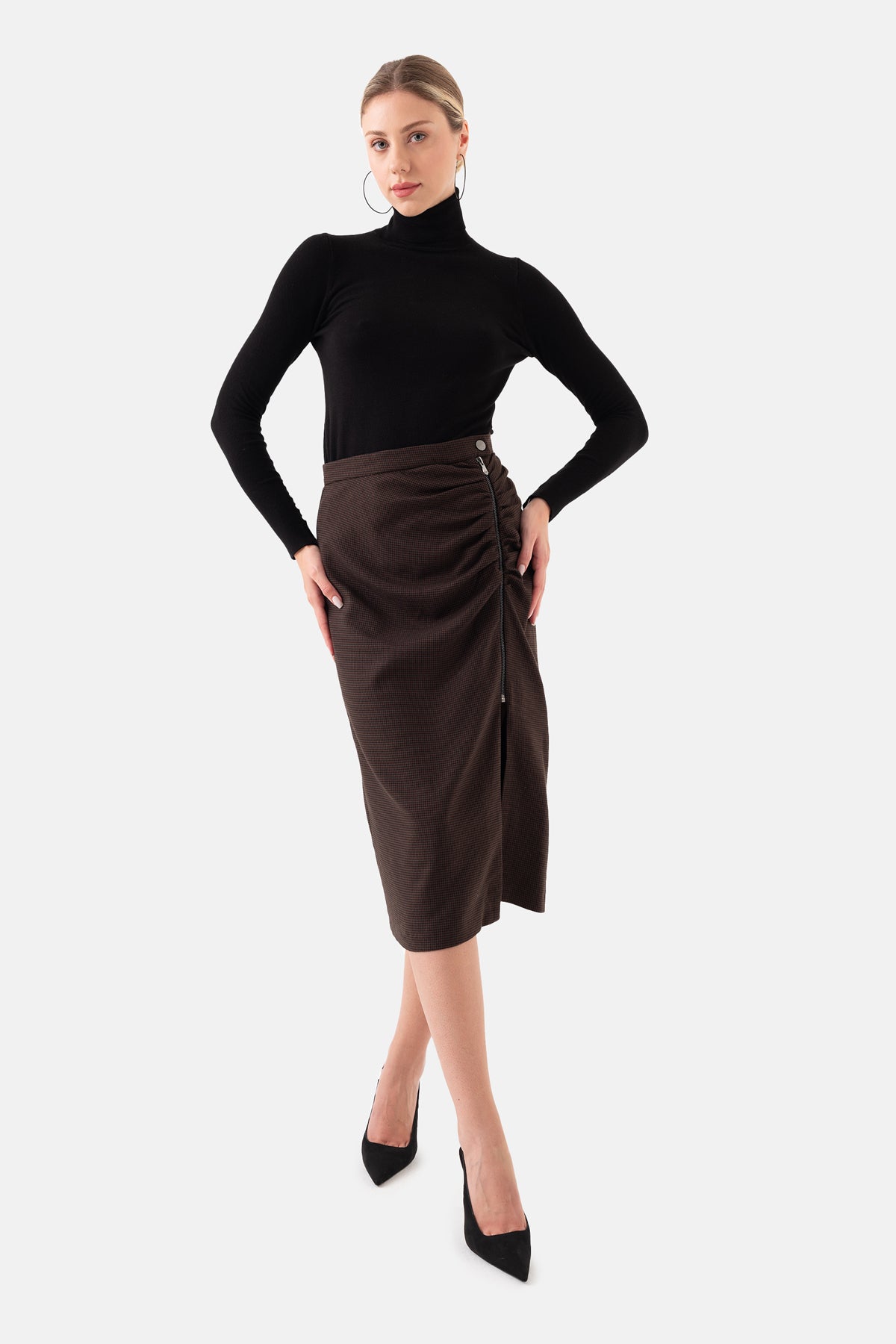 Brown Crowbar Pattern Women's Midi Skirt With Zipper On The Side