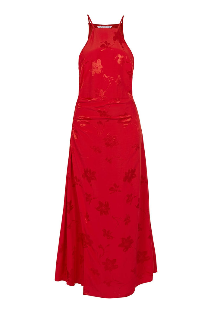Red Strap Side Pleated Midi Dress