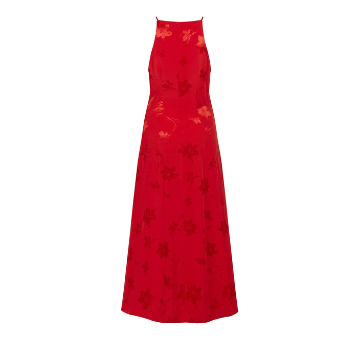 Red Strap Side Pleated Midi Dress