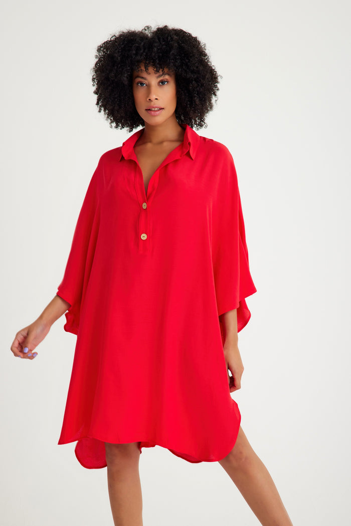 Red Shirt Collar Short Beach Dress