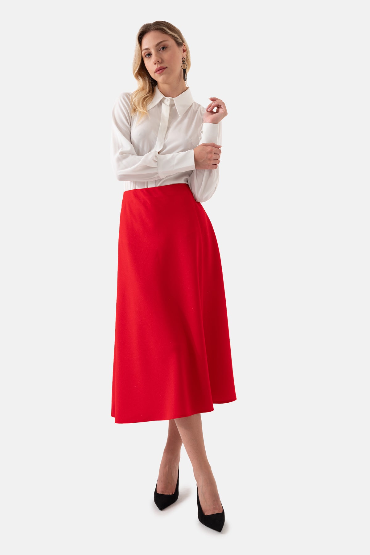 Red Color Flared Women's Skirt with Elastic Waist
