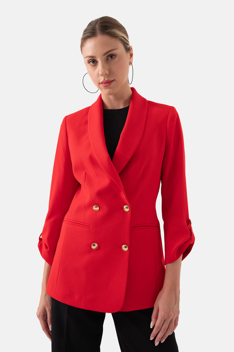 Kırmızı Şal Yakalı Kruvaze Blazer Kadın Ceket