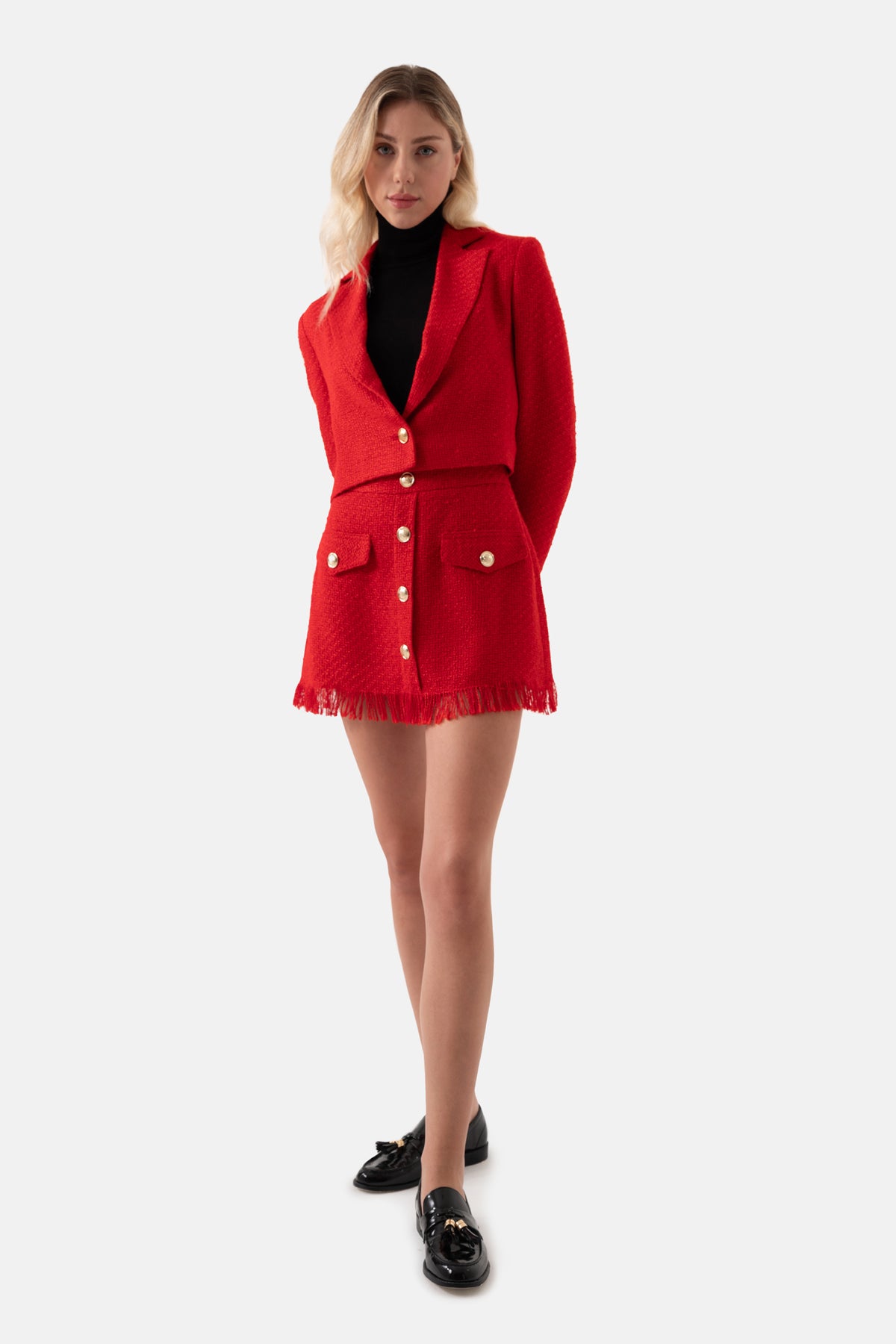 Women's Red Tweed Tasseled Mini Skirt