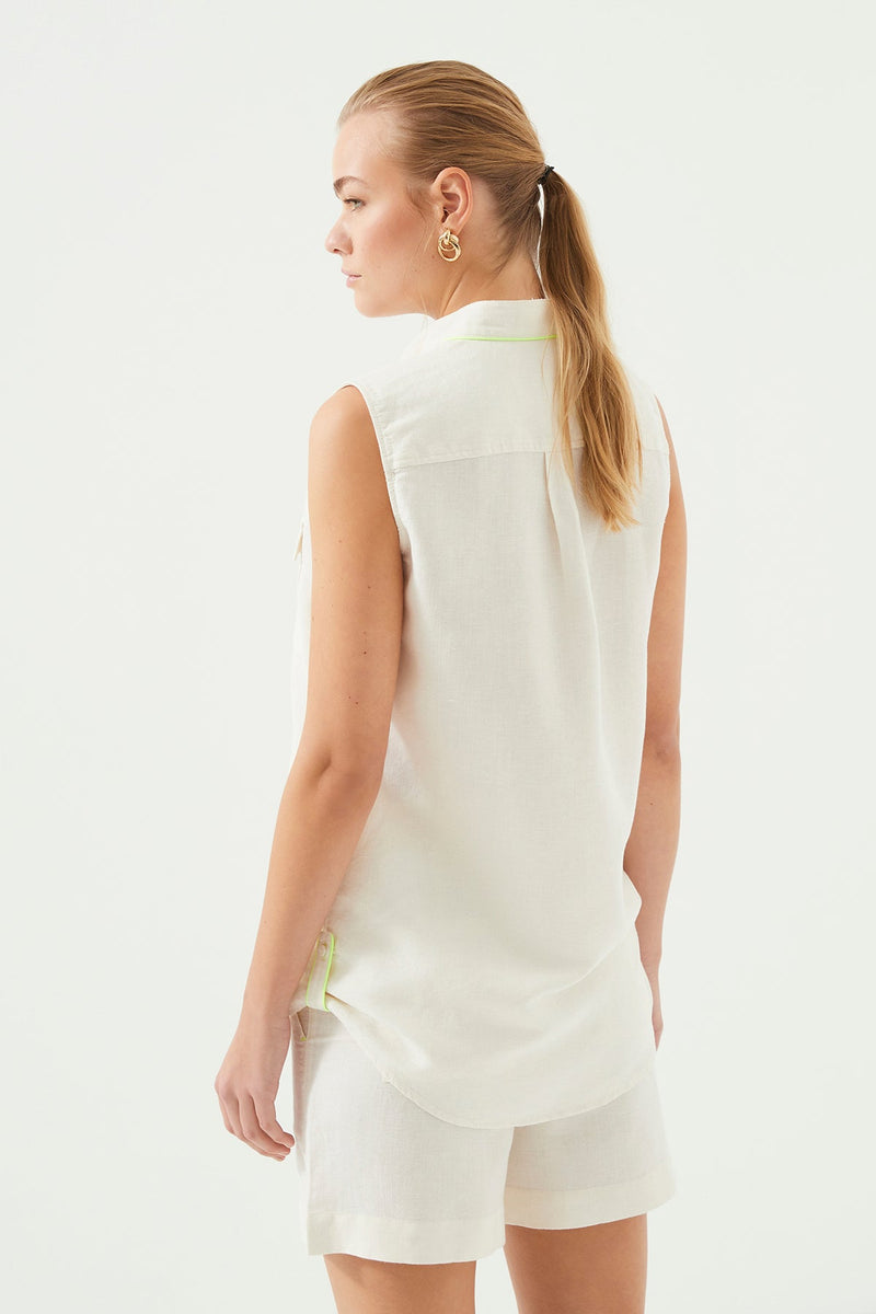 Cream Sleeveless Linen Shirt