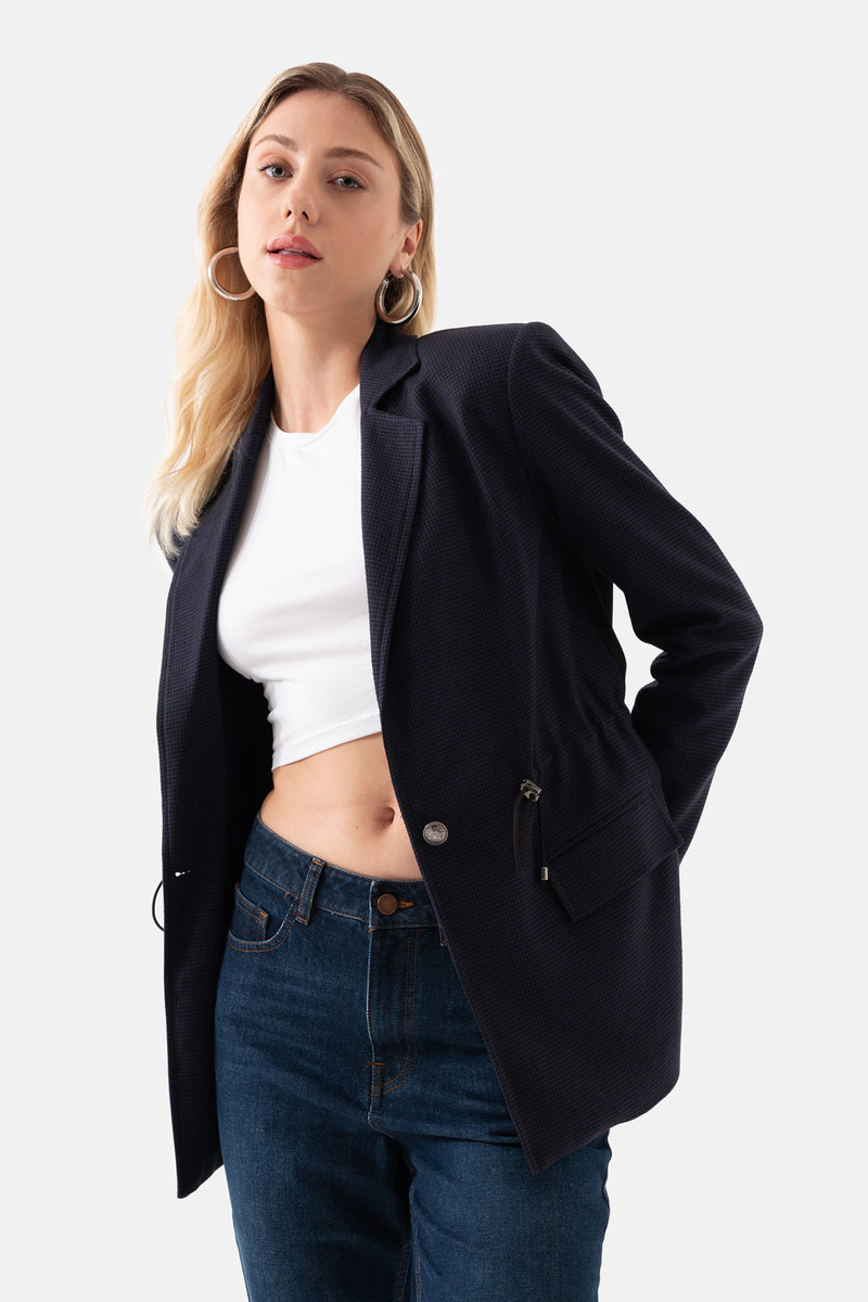 Navy Blue Crowbar Patterned Women's Jacket with Pleated Waist