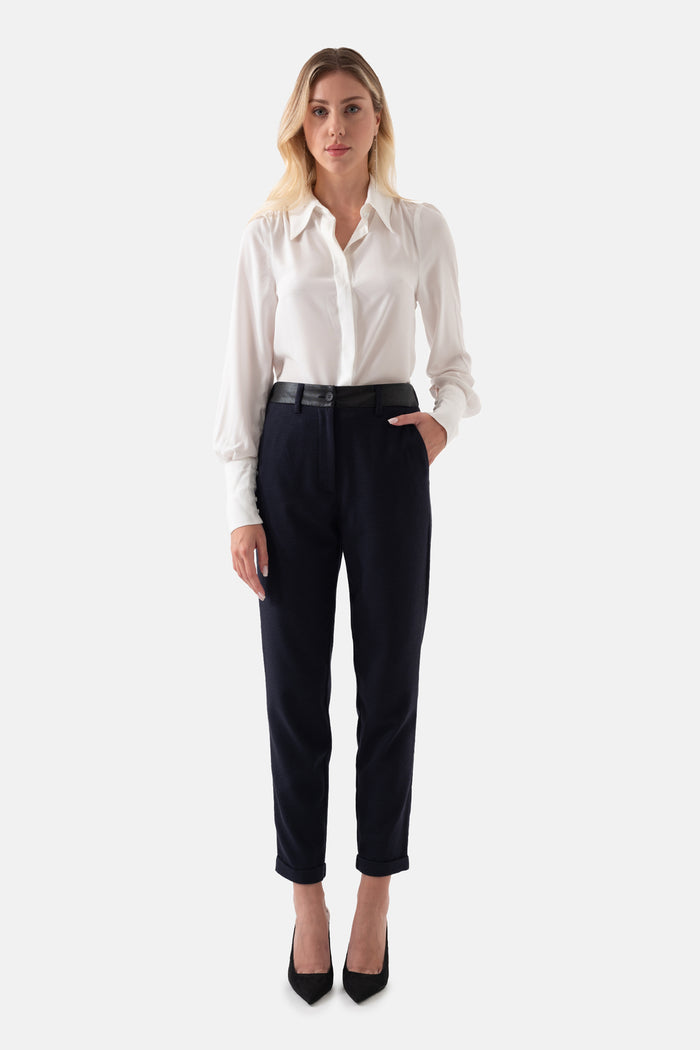 Navy Blue Crowbar Patterned Leather Detailed Women's Trousers