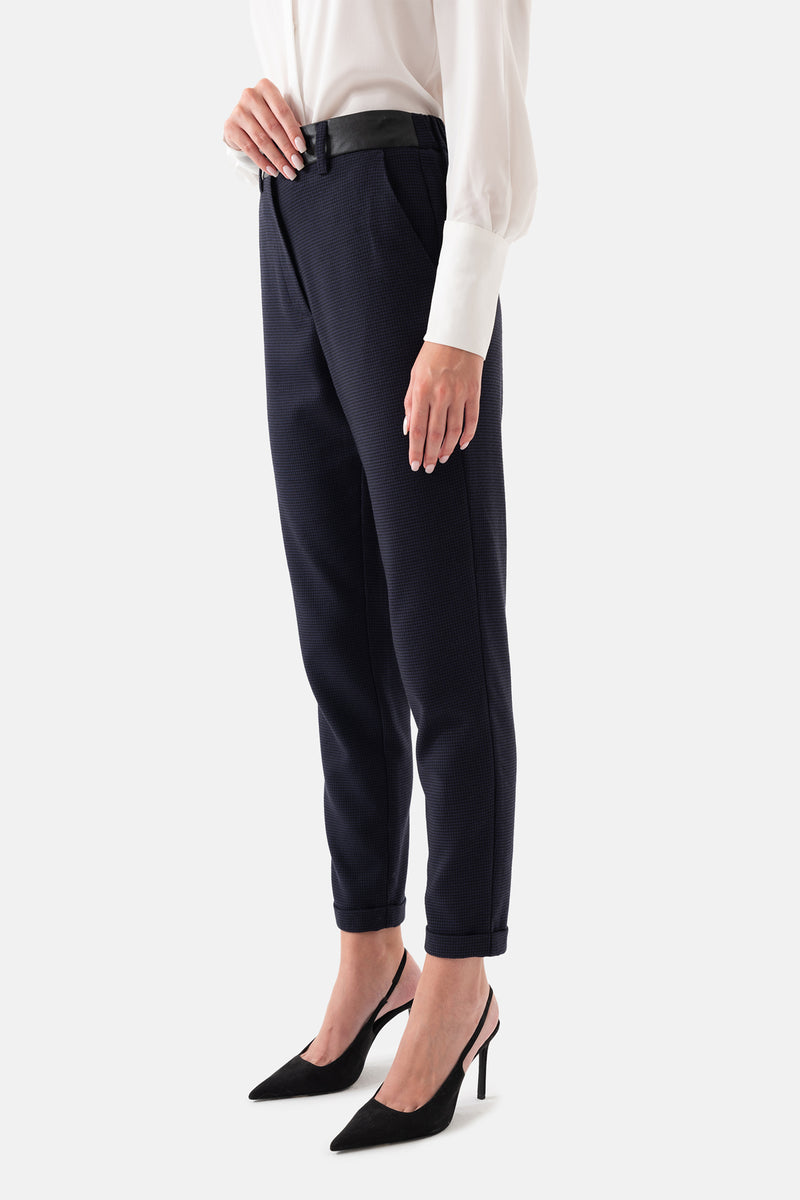 Navy Blue Crowbar Patterned Leather Detailed Women's Trousers