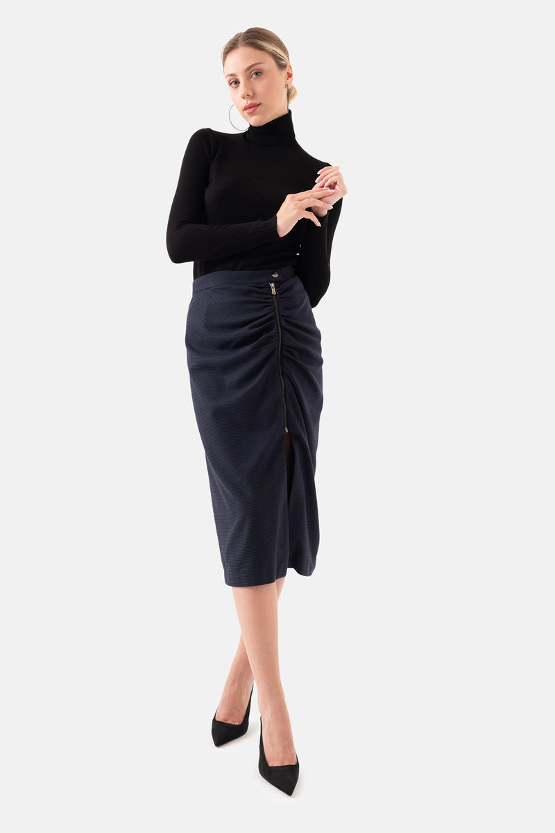 Navy Blue Crowbar Pattern Women's Midi Skirt With Zipper On The Side