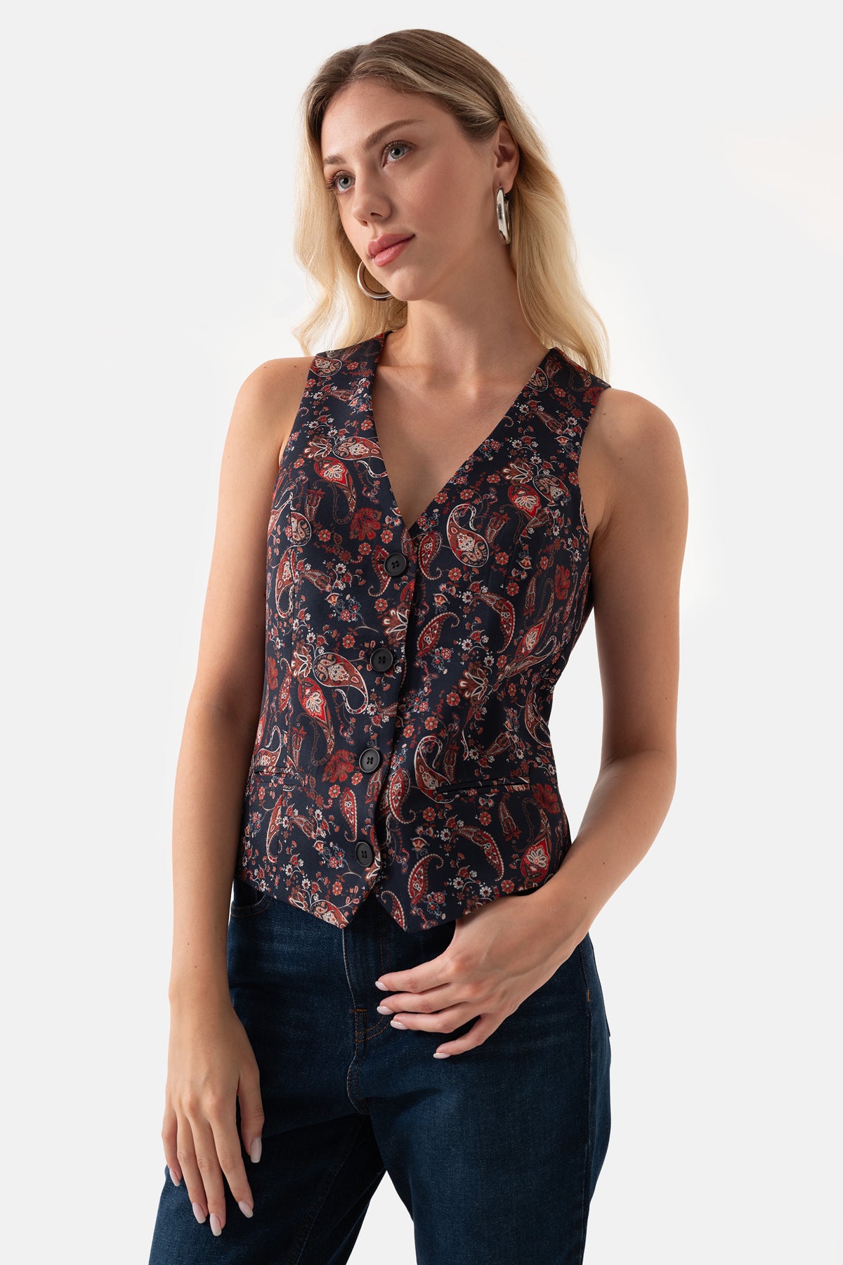 Navy Blue Paisley Patterned Button Front Lined Women's Vest