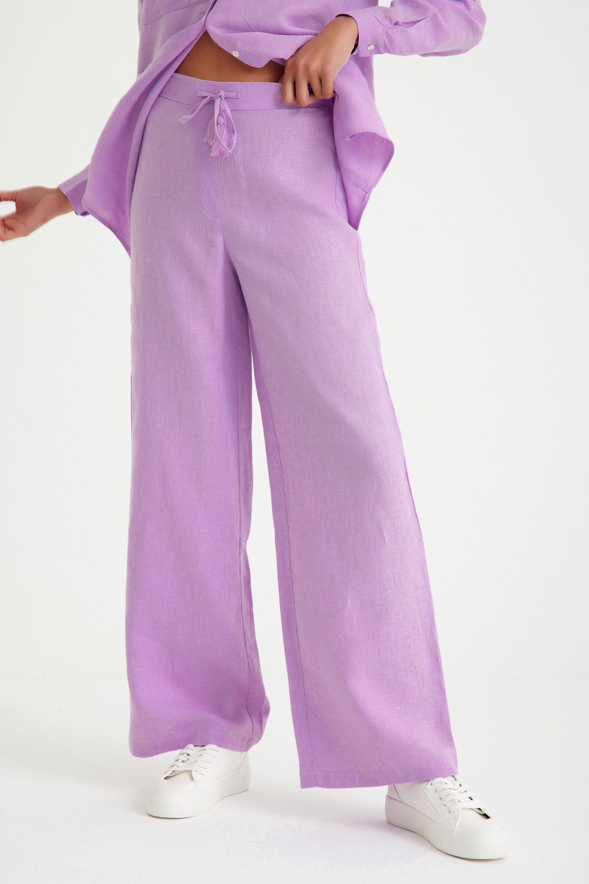 Lilac Linen Waist Laced Wide Leg Women's Trousers