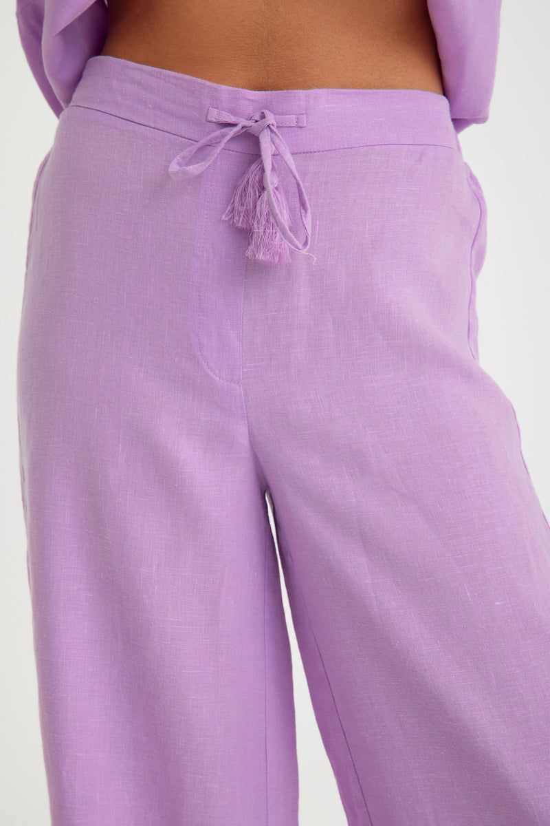 Lilac Linen Waist Laced Wide Leg Women's Trousers