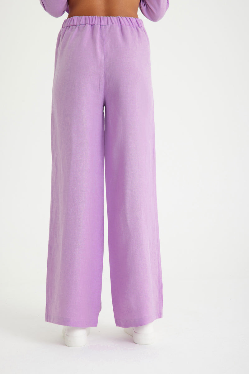 Lilac Linen Waist Laced Wide Leg Women's Trousers