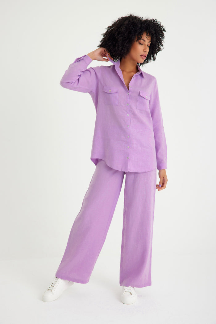 Lilac Linen Pocket Detailed Women's Shirt