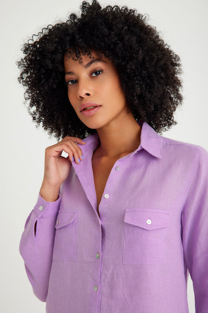 Lilac Linen Pocket Detailed Women's Shirt