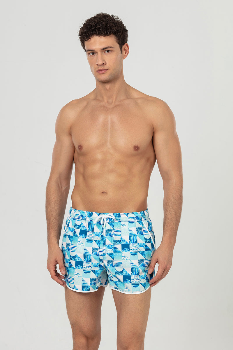 Blue Floral Patterned Men's Swim Shorts