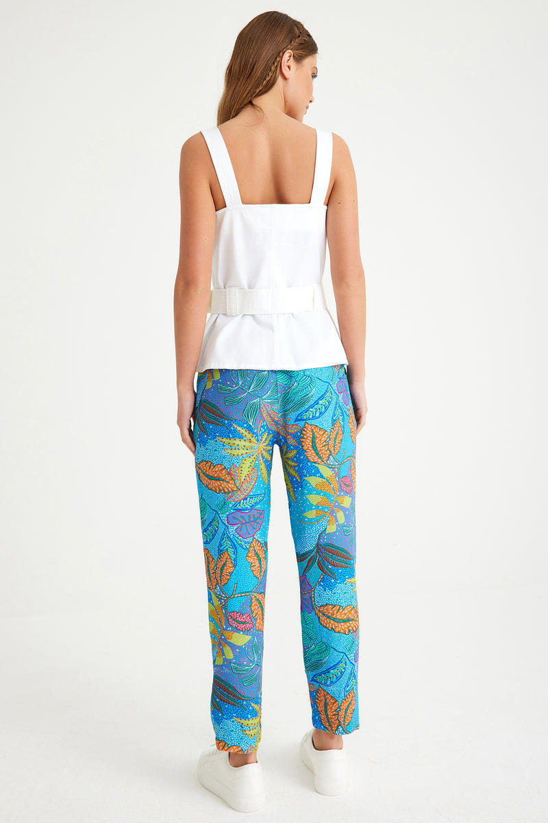 Blue Leaf Patterned Elastic Waist Women's Trousers