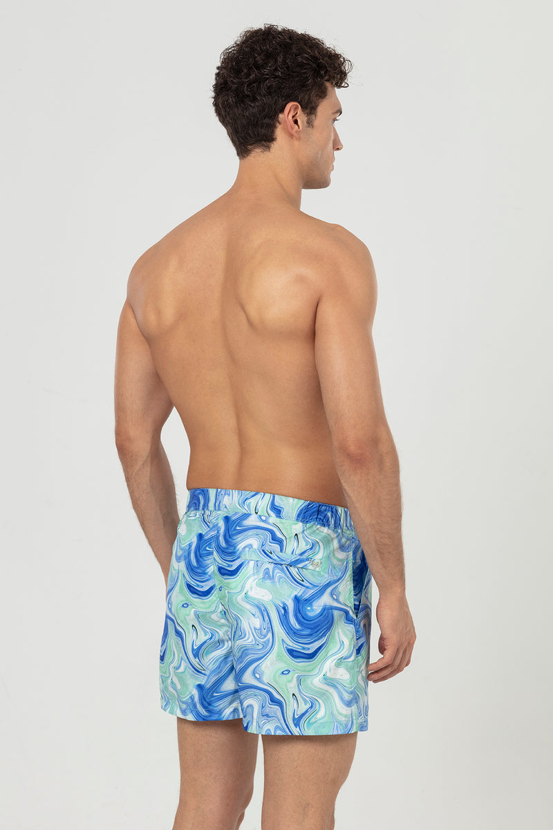 Blue Green Marble Patterned Snap Up Swim Shorts