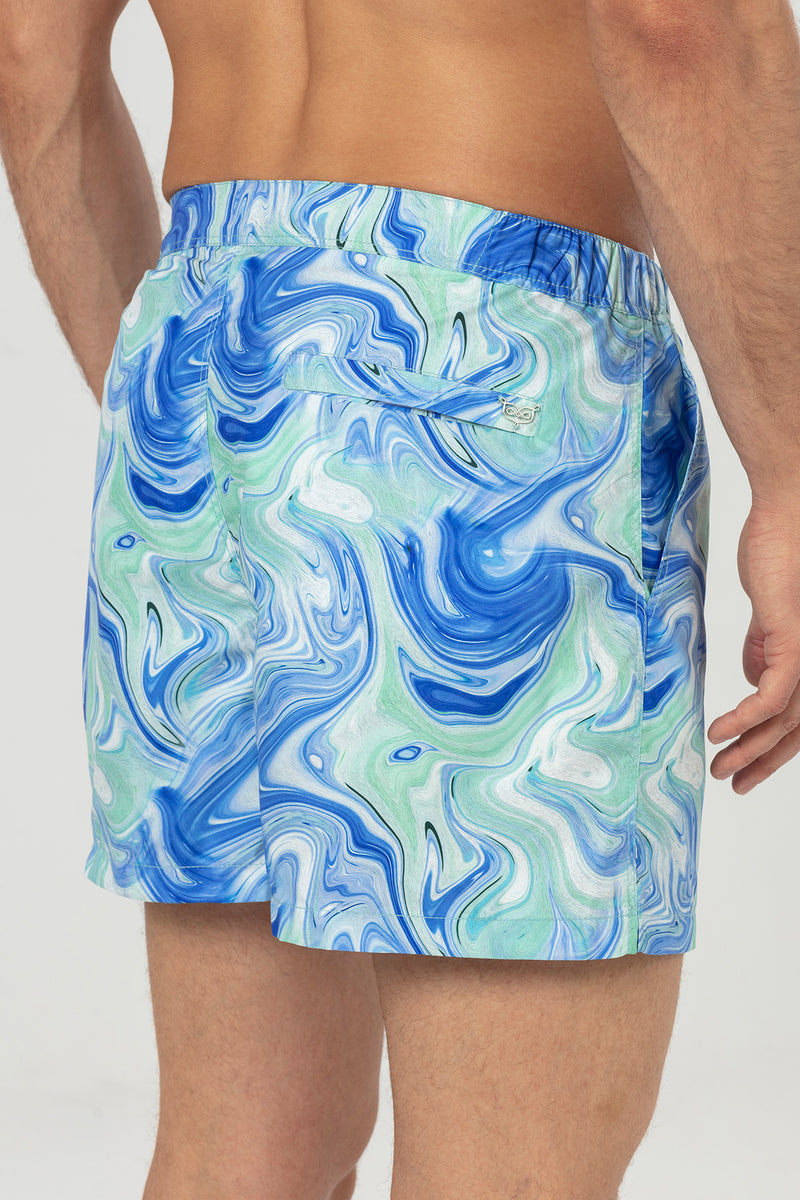 Blue Green Marble Patterned Snap Up Swim Shorts