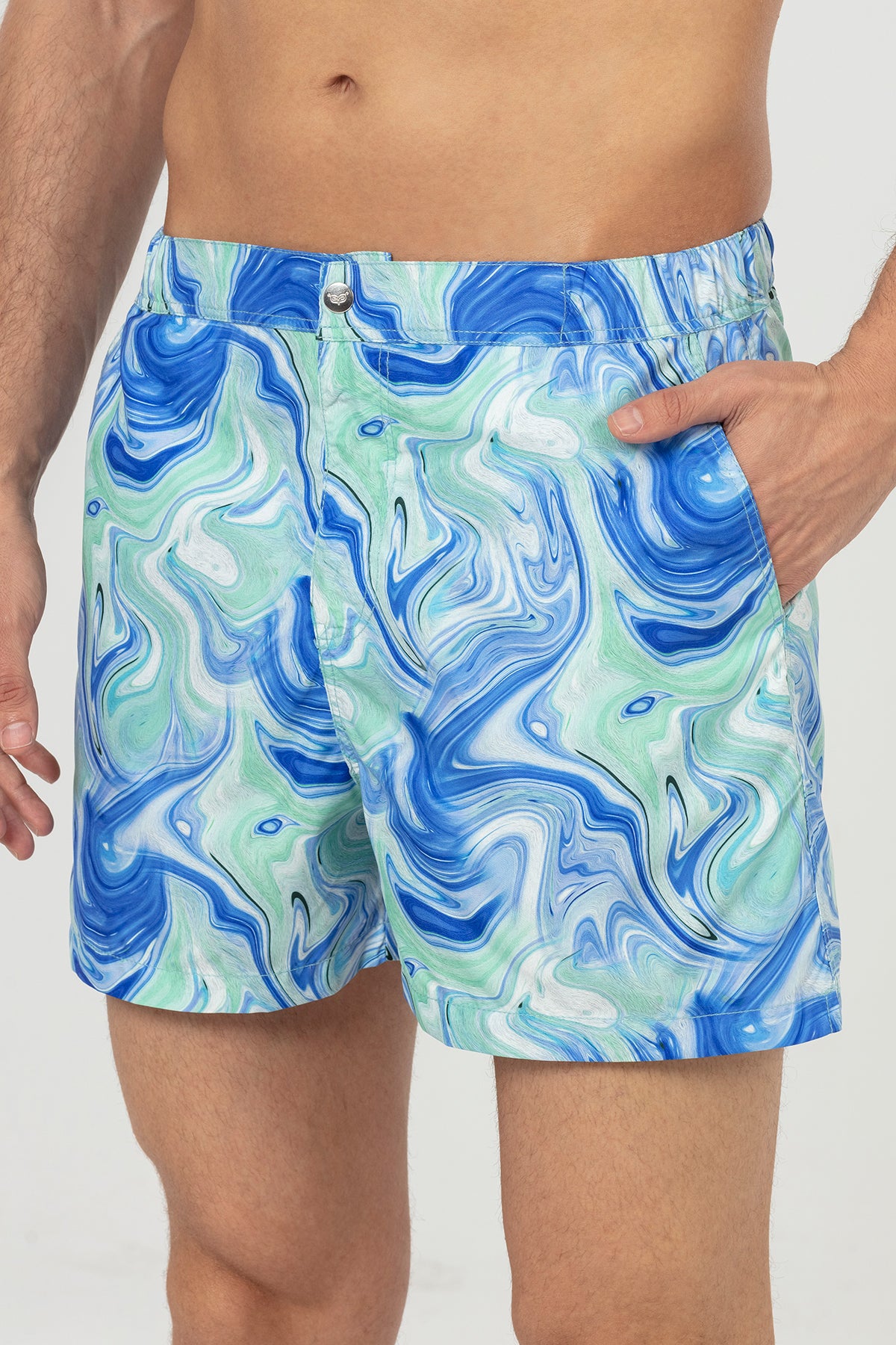 Blue Green Marble Patterned Snap Up Swim Shorts