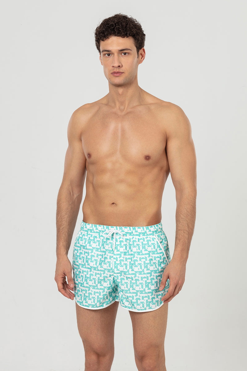 Mint Geometric Patterned Men's Swim Shorts