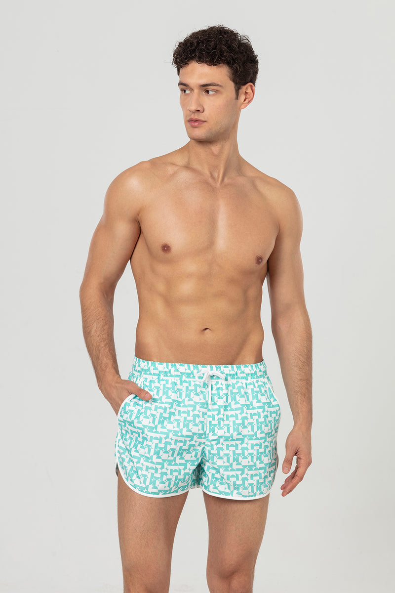 Mint Geometric Patterned Men's Swim Shorts