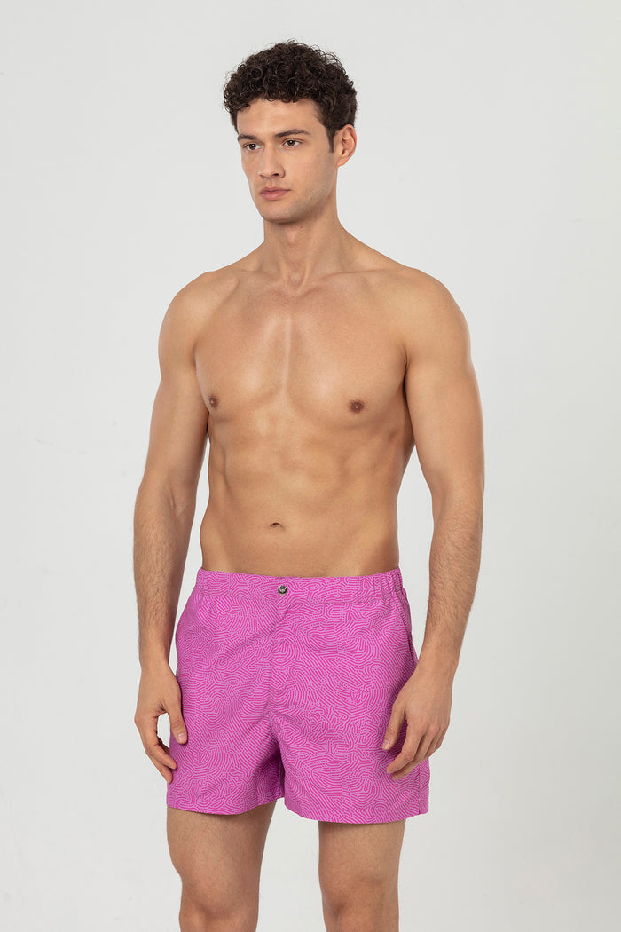 Pink Asymmetrical Striped Snap Up Men's Swim Shorts