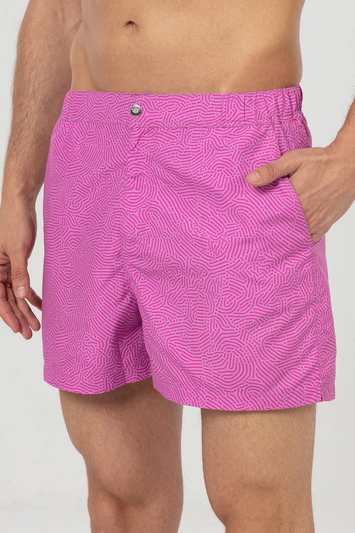 Pink Asymmetrical Striped Snap Up Men's Swim Shorts