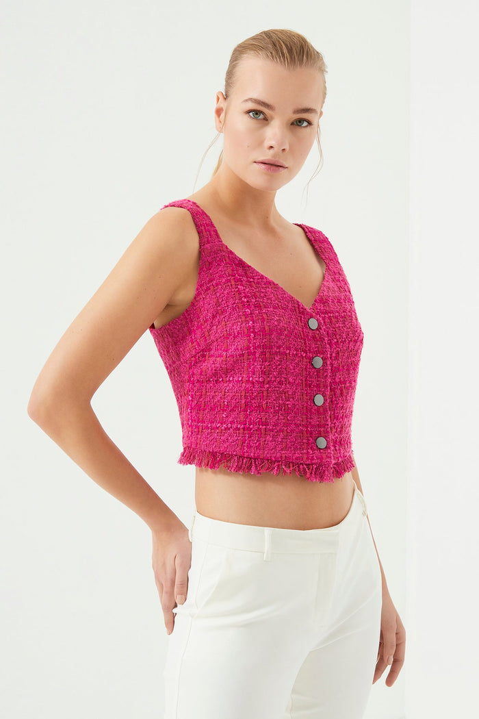 Pembe Tüvit Önü Düğmeli V Yaka Askılı Crop Top