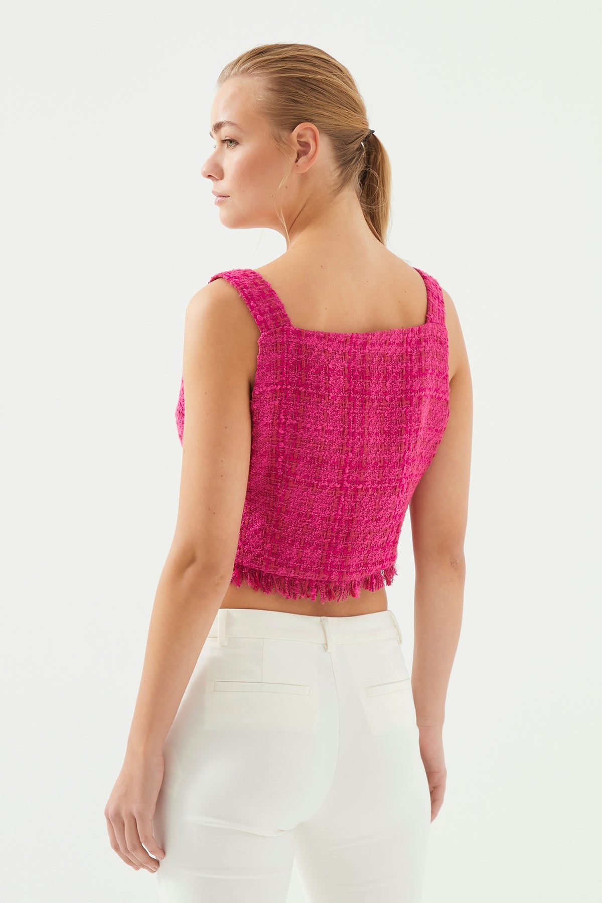 Pembe Tüvit Önü Düğmeli V Yaka Askılı Crop Top