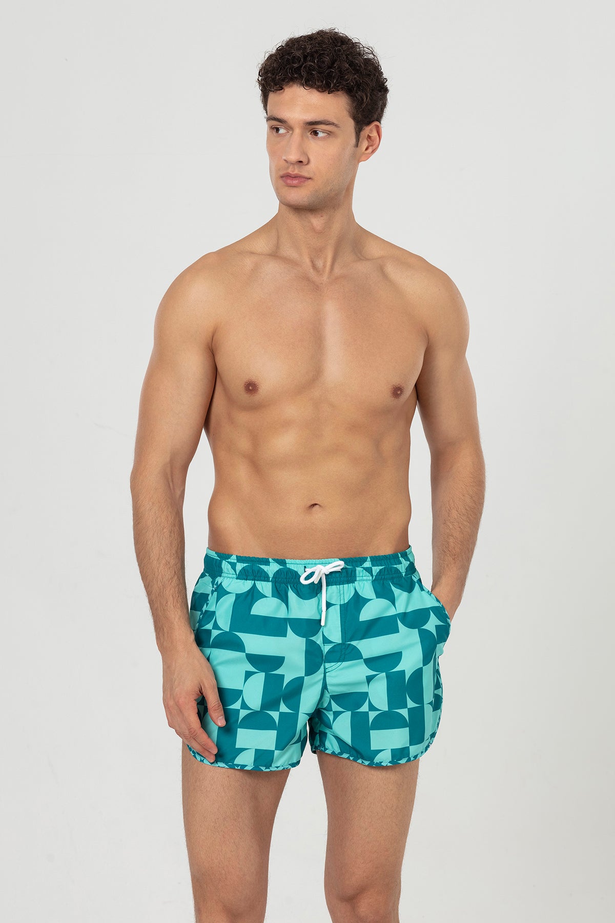 Petrol Geometric Patterned Men's Swim Shorts