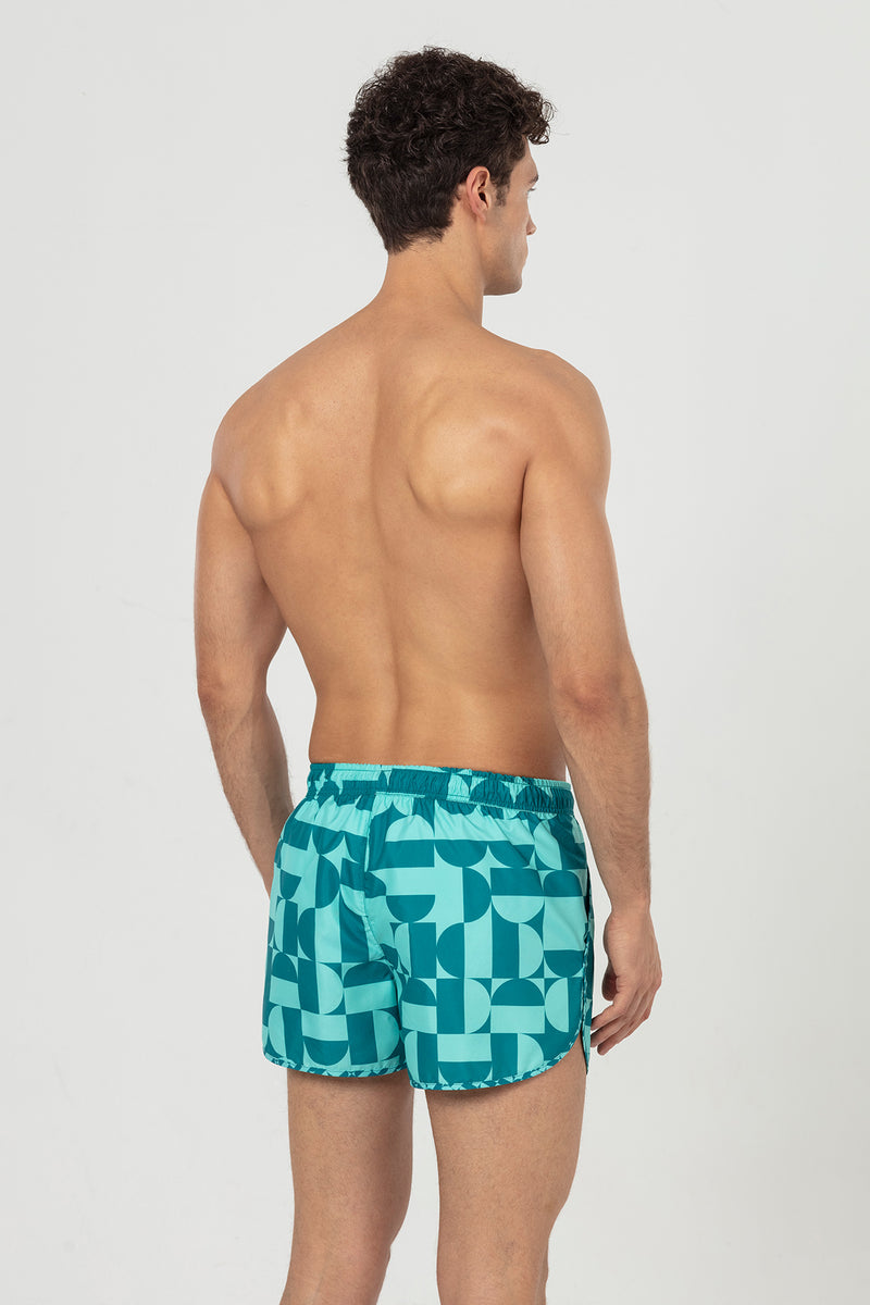 Petrol Geometric Patterned Men's Swim Shorts