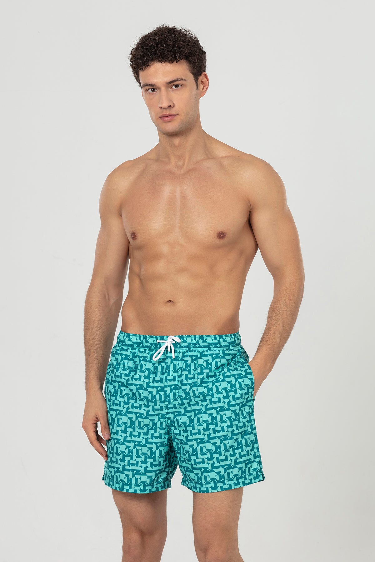 Petrol Minimal Geometric Patterned Men's Swim Shorts