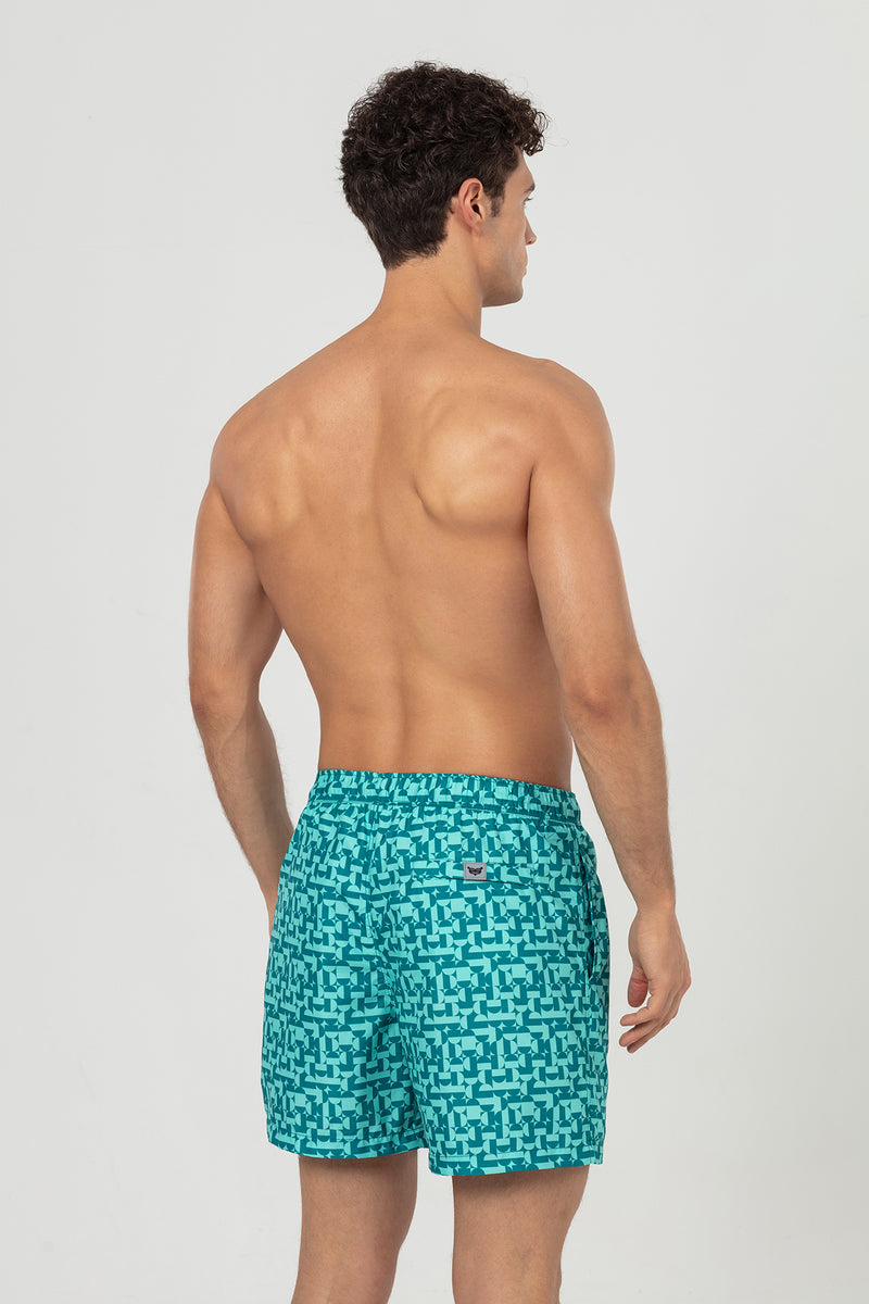 Petrol Minimal Geometric Patterned Men's Swim Shorts