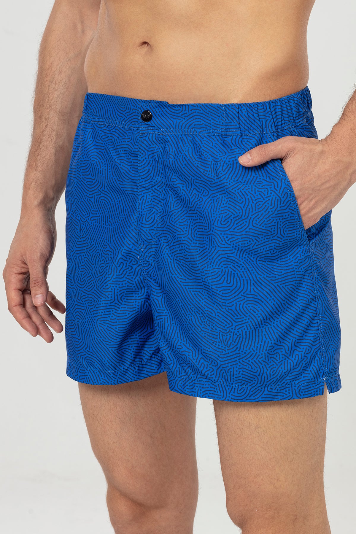 Sax Blue Asymmetrical Striped Snap Up Men's Swim Shorts