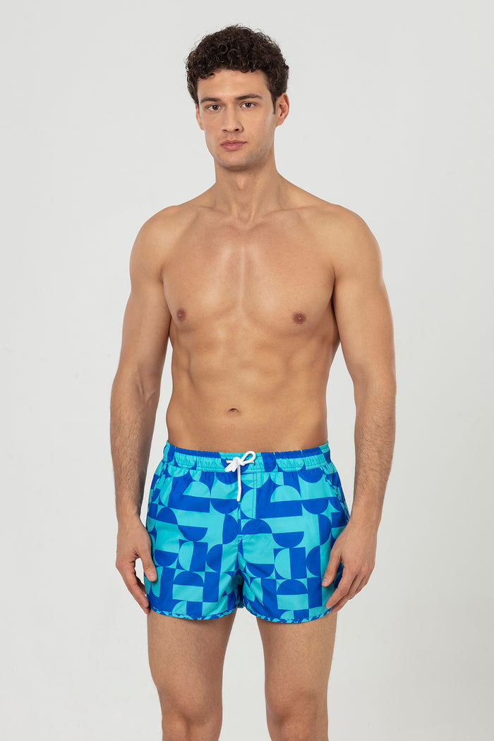 Sax Blue Geometric Patterned Men's Swim Shorts