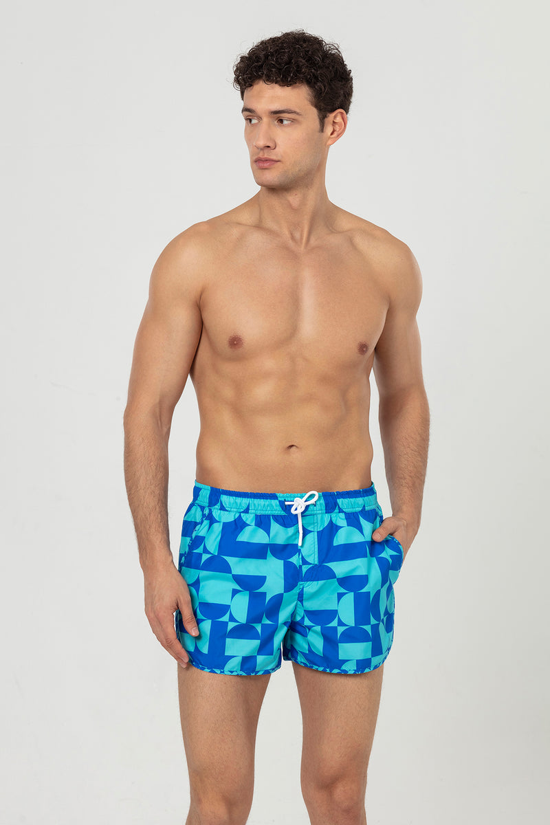 Sax Blue Geometric Patterned Men's Swim Shorts