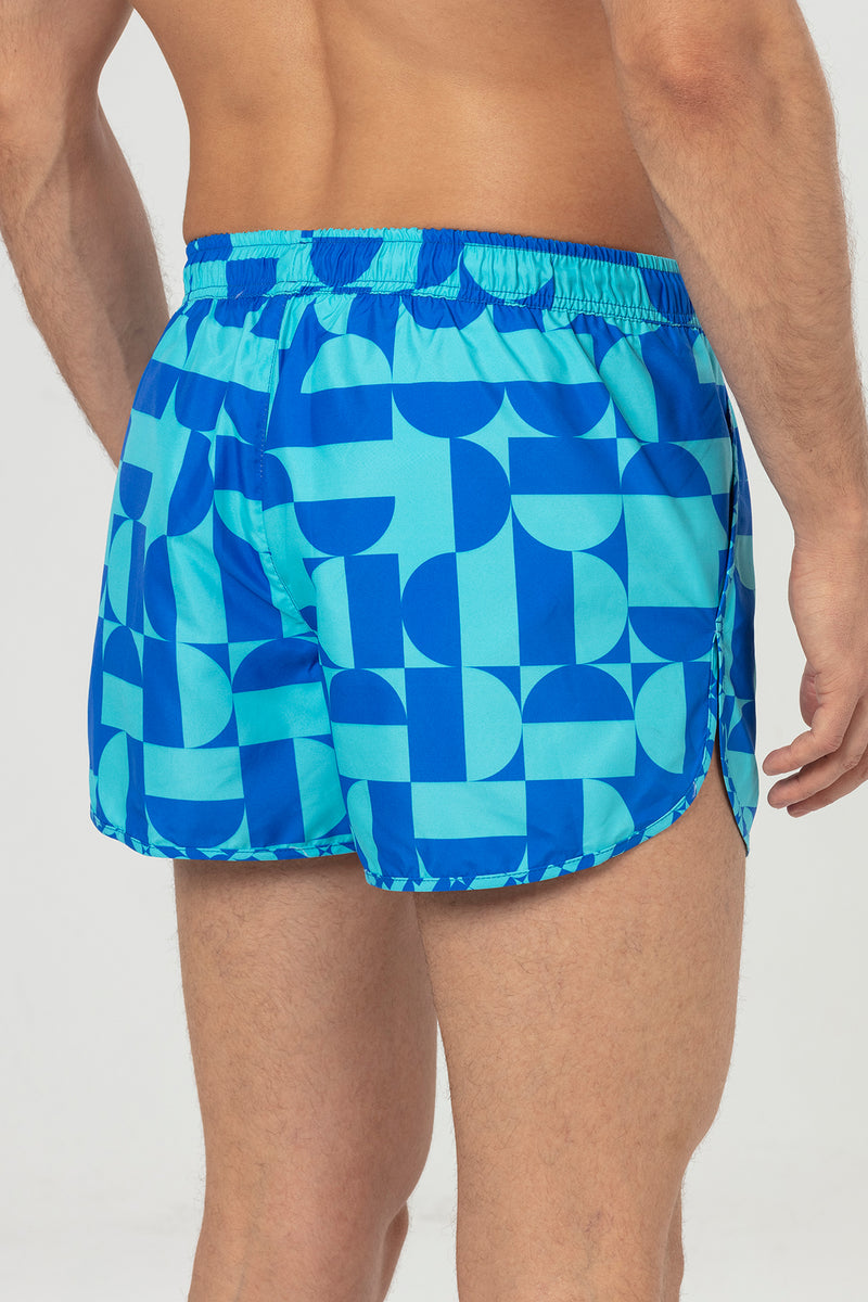 Sax Blue Geometric Patterned Men's Swim Shorts