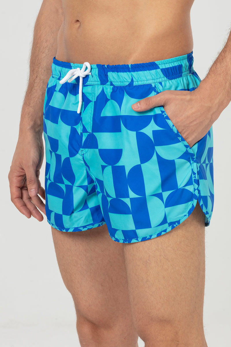 Sax Blue Geometric Patterned Men's Swim Shorts