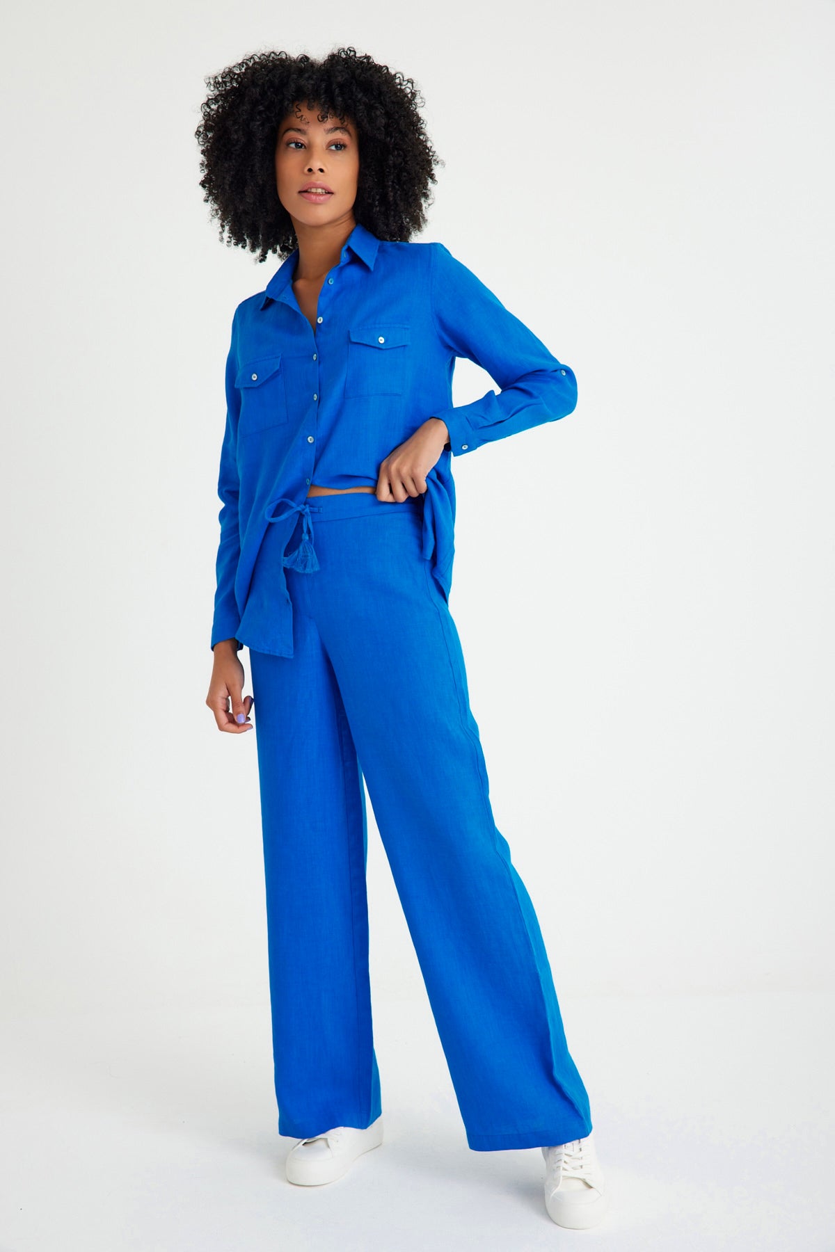 藍 Saks Mavi Keten Beli Bağcıklı Bol Paça Kadın Pantolon – Just Like You