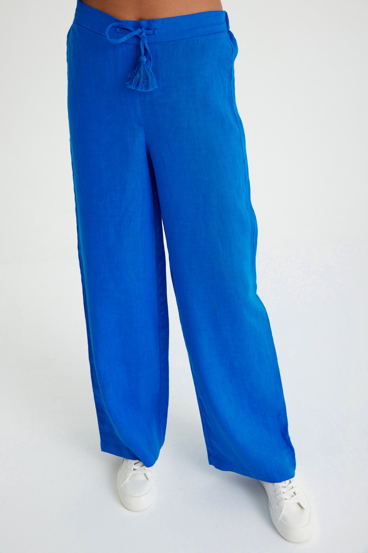 Saks Mavi Keten Beli Bağcıklı Bol Paça Kadın Pantolon