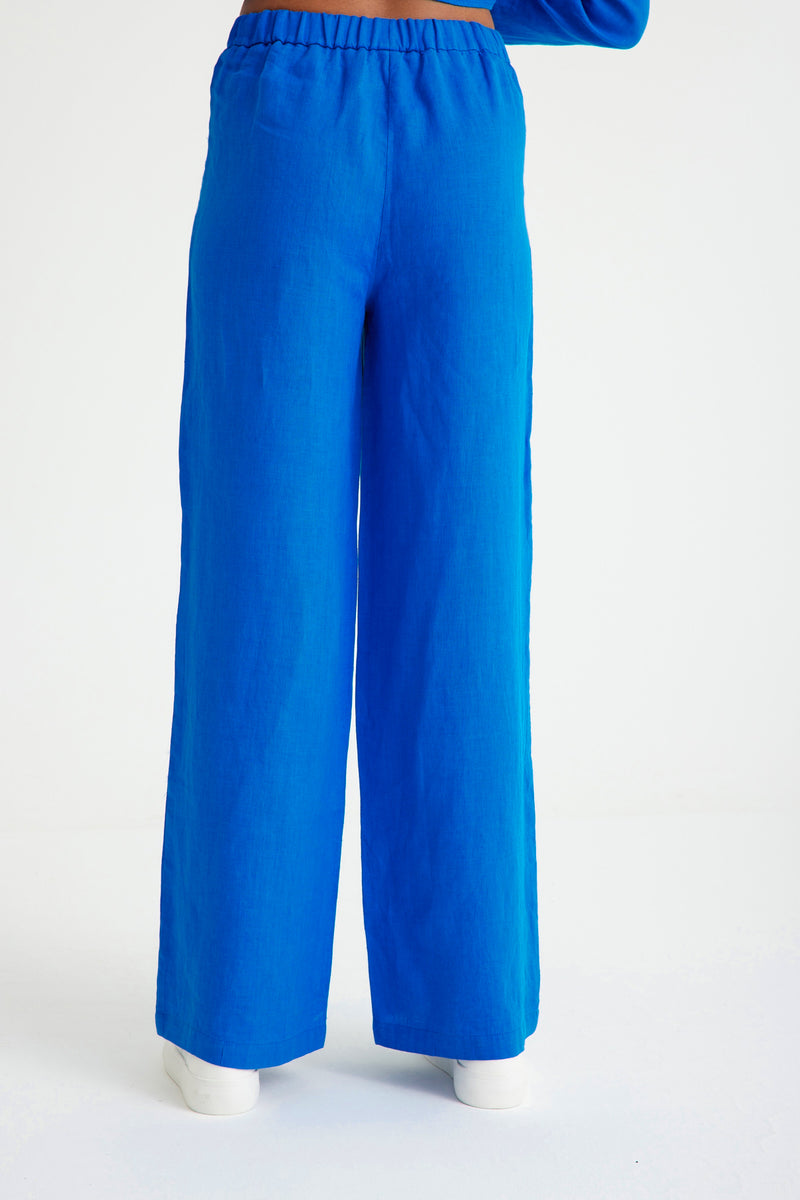 Sax Blue Linen Waist Laced Wide Leg Women's Trousers